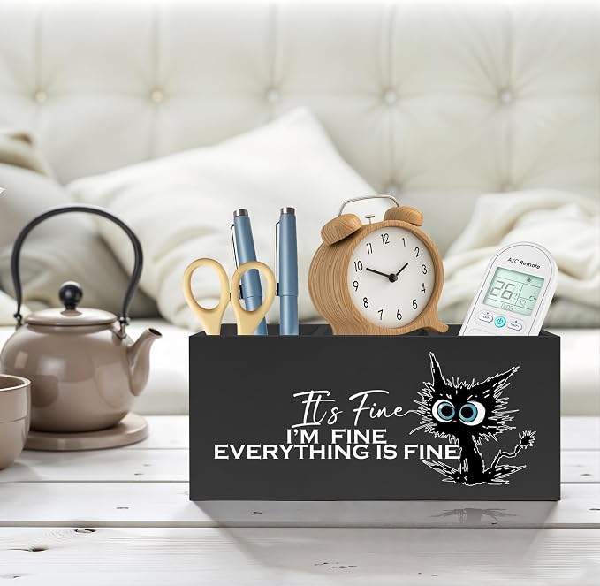 Funny Cute Black Cat Pencil Pen Holder for Desk, I'm Fine Everything Is Fine Wooden Pencil Holder Organizer for Home Office Desk Accessories, Funny Office Gifts for Coworkers, funny cat gifts