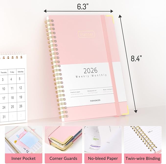 Forvencer 2026 Planner, Hardcover Calendar Planner Weekly and Monthly, Jan 2026 - Dec 2026, 6" x 8", Spiral Agenda Book with Tabs, Exquisite Daily Journal Organizer for Home School, Dark Green