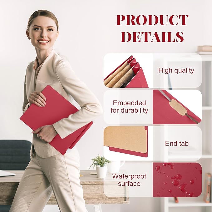 Skyygemm 24 Pcs End Tab Classification Red File Folders 3 Dividers Letter Size with 3.5'' Fasteners and 2 Prongs, Manila Folders Bulk for Office Business Classroom