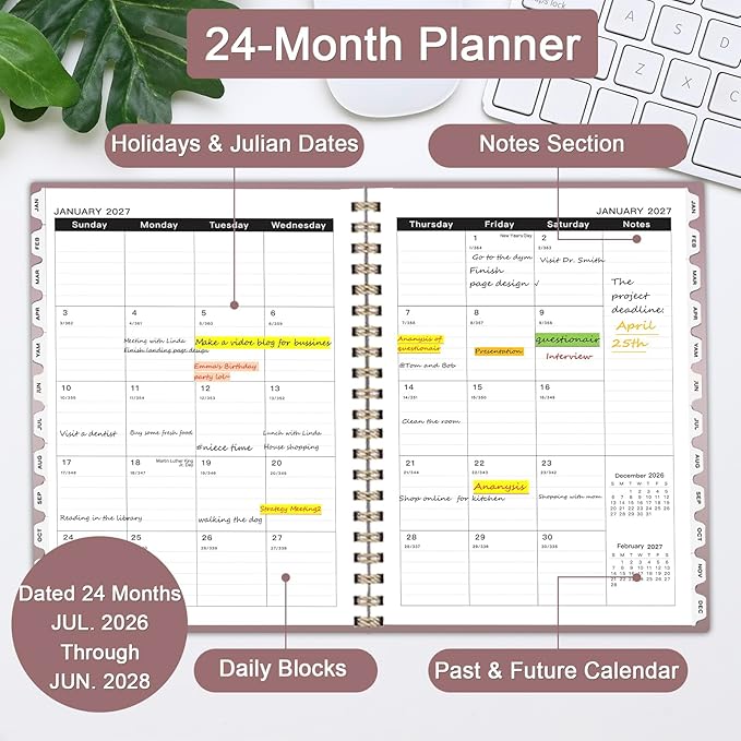 2026-2028 Monthly Planner - 2 Year Monthly Planner Calendar 2026-2028, Jul 2026 - Jun 2028, 8.5" x 11", 24 Months, Spiral-Bound, Tabs, Holidays, Notes, Ideal for School Office Home Planning