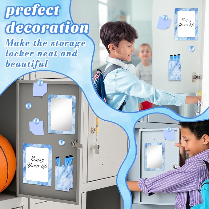 Denylo pro Magnetic Locker Marble Accessories Kit Blue Back to School Essentials Locker Organizer Supplies Include Mirror Whiteboard Pen with Holder Magnet Magnetic Buckle Back to School Essentials