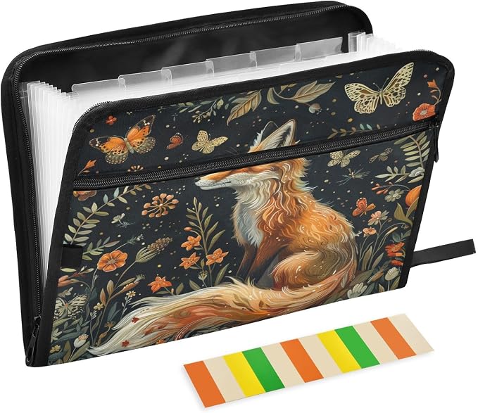 ALAZA Vintage Fox Butterfly Flowers Expanding Filing Folder, 13 Pockets Expandable Document Organizer Folder with Zipper Closure for Home Office A4 Letter Size Paper Document