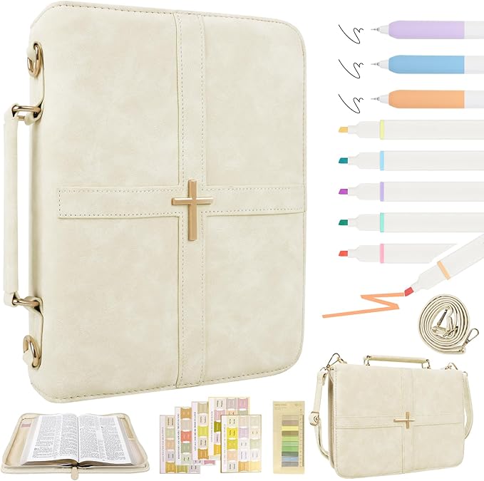 Classic Leather Bible Cover Case with Cross Design and Handle & Shoulder Strap for Women, Durable Bible Study Supplies Organizer Carrying Bag, Christmas Gifts for Christians with Gift Box（Beige