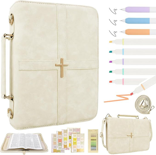 Classic Leather Bible Cover Case with Cross Design and Handle & Shoulder Strap for Women, Durable Bible Study Supplies Organizer Carrying Bag, Christmas Gifts for Christians with Gift Box（Beige