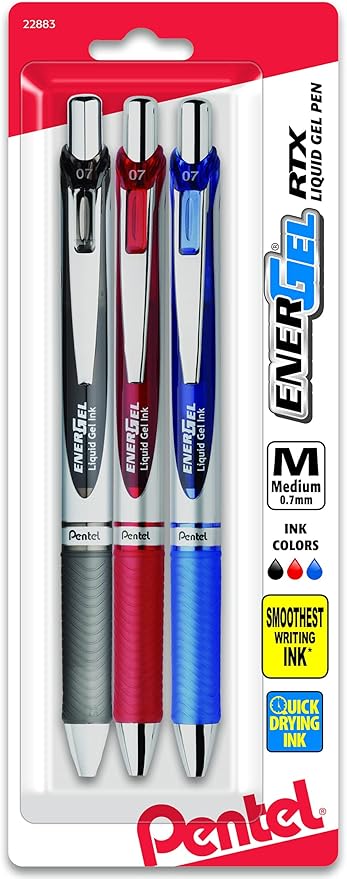 Pentel EnerGel RTX Gel Ink Pens, 0.7 Millimeter Metal Tip, Black/Red/Blue Ink, 3 Packs (BL77BP3M), Assorted