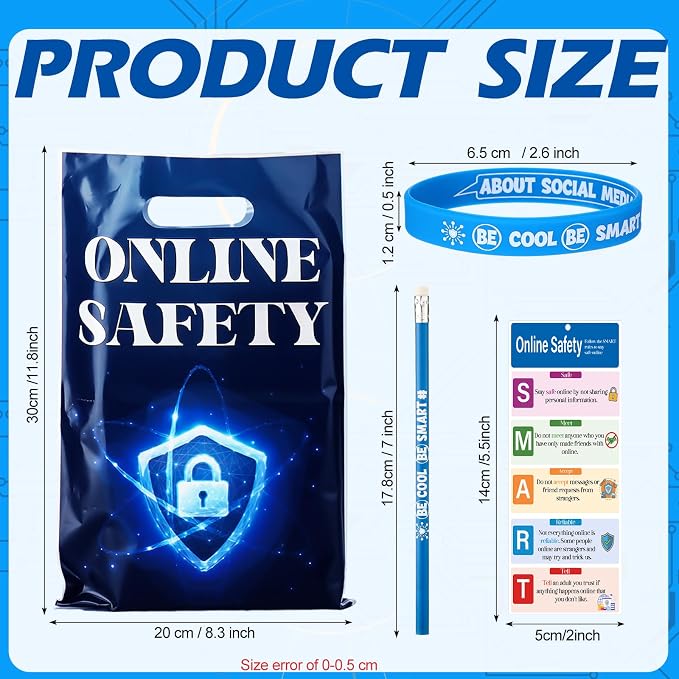 Resurhang 200 Pcs Online Safety Assorted Bulk 50 Sets Internet Safety Awareness Plastic Goody Bags Bookmarks Wristband Accessories for 2026 National Internet Month