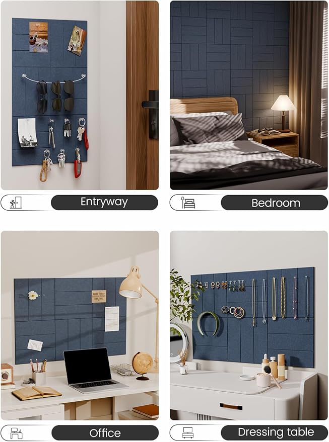 Fluxynara Felt Bulletin Board Tiles -28"x18" with 40 Adhesive Tabs, Cork Board Alternative for Office Decor, Push Pin Board Wall Organizer 6-Pack(Navy Blue)