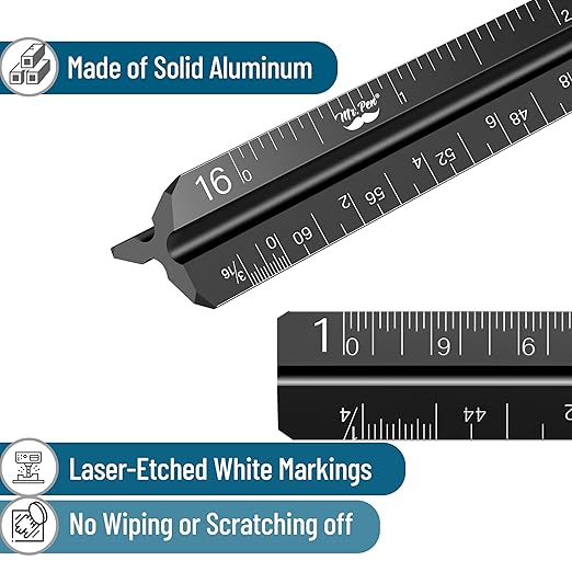 Mr. Pen- Small Architectural Scale Ruler, Aluminium, 6 Inch, 2 Pack, Black and Blue, Pocket Size Ruler, Triangle Ruler, Metal Ruler Set, Architect Scale Ruler for Blueprints