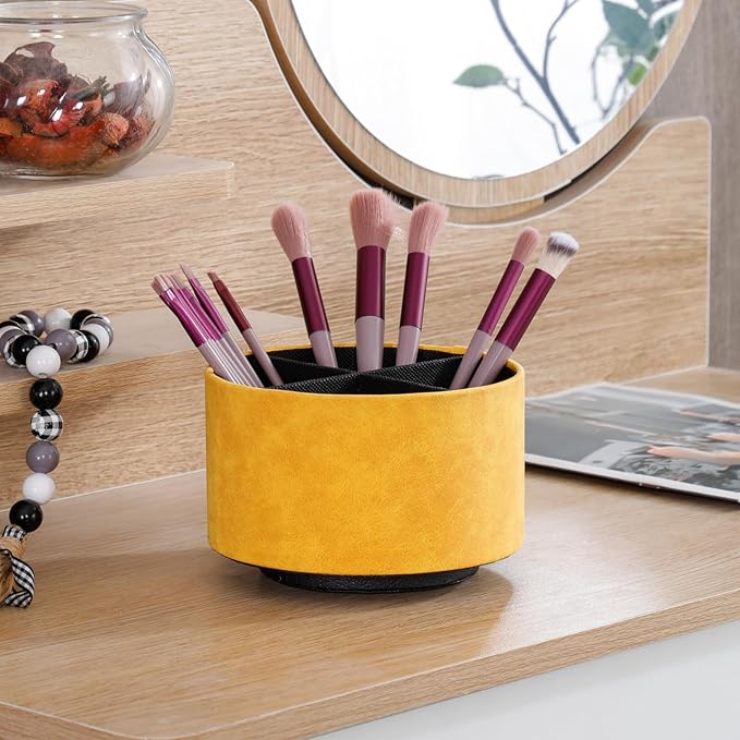 Remote Control Holder For Table, 360 Degree Spinning Desk Organizer For Bedside Night Stand, TV Remote Caddy with 4 Compartments, Office Rotating Pen Holder Yellow PH126