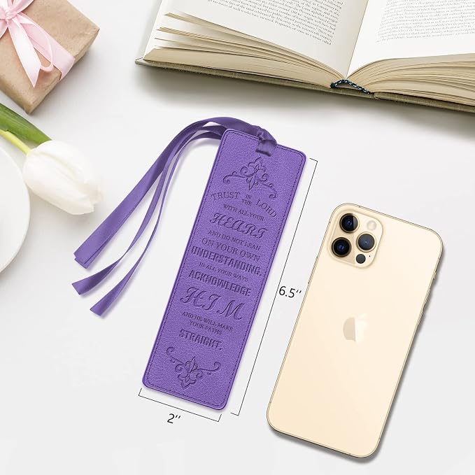 FINPAC Leather Bible Bookmarks, Vegan Religious Bookmarks, Bible Verse Book Markers Church Gifts for Women Men [Trust in The Lord with All Your Heart] - Violet