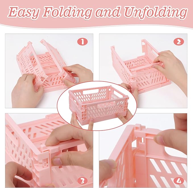 4-Pack Pink Baskets Plastic Storage Crate Small Baskets for Organizing Collapsible Storage Crates for Desk Organizers,Stackable Cute Storage Bins for Classroom,Office,Bathroom 5.9"x 3.9" x 2.3"