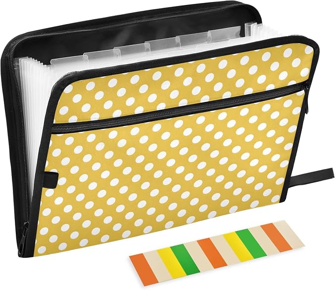 ALAZA Polka Dot Yellow White 13 Pocket Expanding File Folder with Labels, Accordion File Folder File Organizer Letter A4 Paper for Office School Student