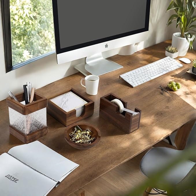 MultiBey 4PCS Walnut Office Supplies Desk Organizers, Wood Sticky Notes Holder Tape Dispenser Cutter Wooden Pencil Holder and Paper Clip Holder for Office Home School