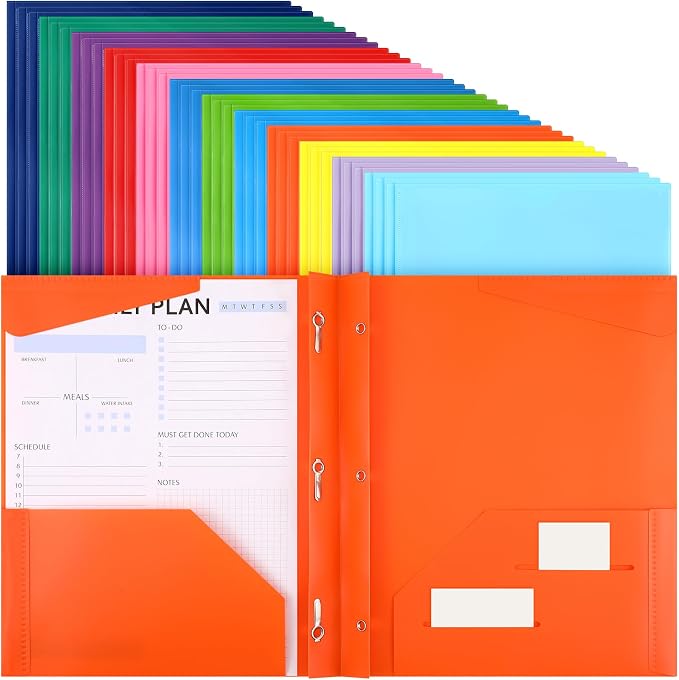 Tenceur 36 Pack Plastic Folders with 3 Prongs Bulk Heavy Duty Folders with Clear Front Pockets and Card Slots with Fasteners Fit Letter-Size Papers for Work School Office (Mix Colors)