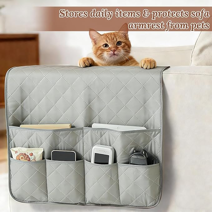 Sofa Armrest Organizer with 6 Pockets, Remote Control Holder for Recliner, Non-Slip Couch Chair Armrest Caddy Bedside Storage for Magazine Book TV Phone iPad Tablet, Grey