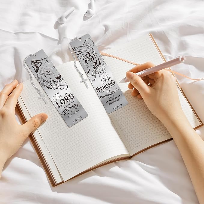 Christian Metal Bookmarks for Men - 2 Pcs Lion and Wolf Bible Verse Inspirational Gifts Book Marks Religious Cool Page Markers Reading Lovers Bookish Readers Birthday School Accessories