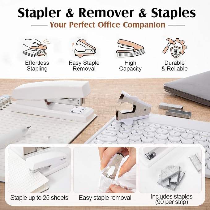 Eersida Office Desk Accessories Supplies, 26 Pcs Desk Organizer with Tape Dispenser, Stapler, Staple, Staple Remover, Scissor, Ruler, Sticky Tabs, Tape, Ballpoint Pen, Pencil, Clips for School(White)