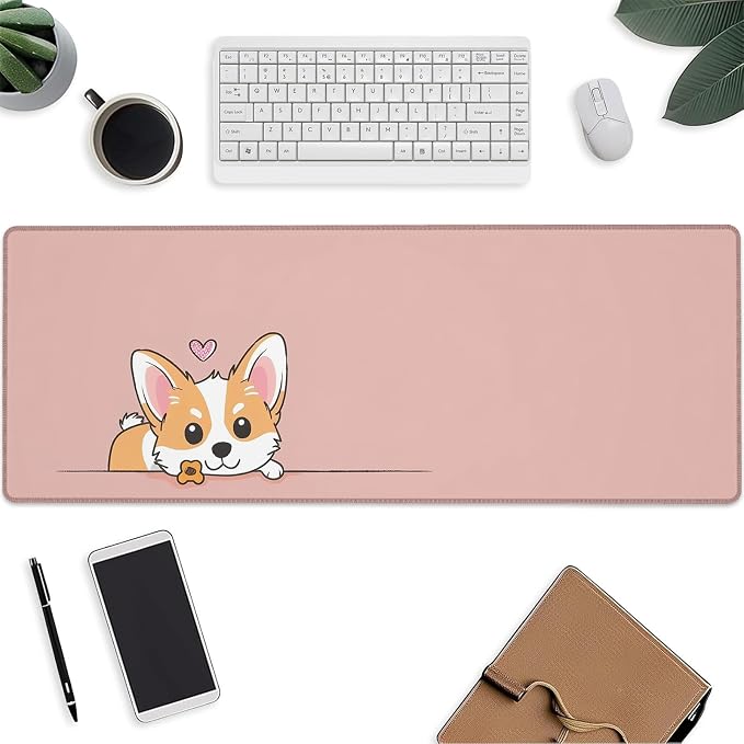 Cute Dog Mouse Pad，Pink Corgi Gaming Keyboard Mat，Laptop Computer Protector with Non-Slip Rubber Base，Large Extended MousePads Gifts for Desk Office Home，Deskmat Decor 31.5" x 11.8"