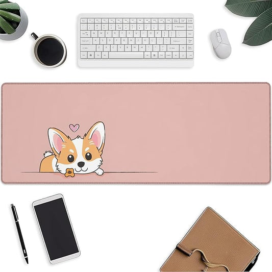 Cute Dog Mouse Pad，Pink Corgi Gaming Keyboard Mat，Laptop Computer Protector with Non-Slip Rubber Base，Large Extended MousePads Gifts for Desk Office Home，Deskmat Decor 31.5" x 11.8"