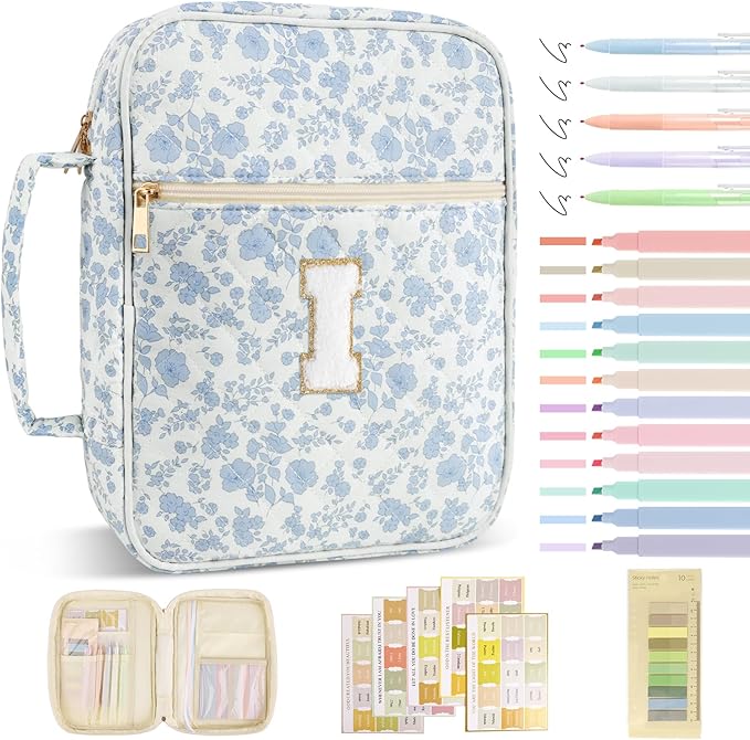 Personalized Initial Bible Cover Case for Women Girls Kid - Large Quilted Bible Case with Handle, Stylish Chenille Letter Bag Study Supplies, Perfect Christmas Gifts for Christians (Blue Flower-I)
