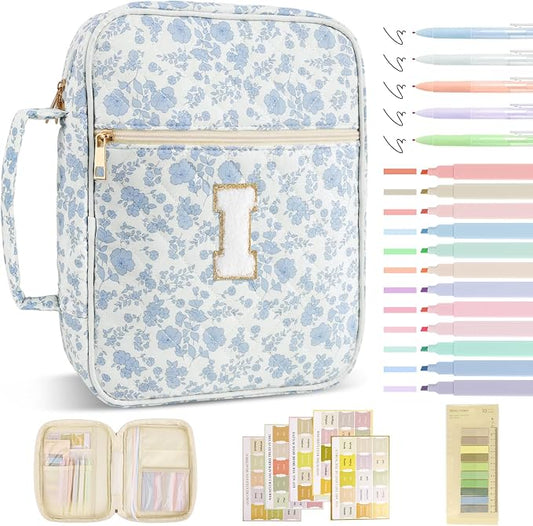 Personalized Initial Bible Cover Case for Women Girls Kid - Large Quilted Bible Case with Handle,Chenille Letter Bag Study Supplies,Christmas Gifts for Christians Birthday Graduation(Blue Flower-I)