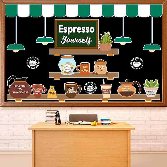 QOUBAI Coffee Bulletin Board Set Mental Health Classroom Bulletin Board Decorations Coffee Shop Motivational Cutouts Classroom Decorations for Back to School Office Home Chalkboard Decor Wall Door