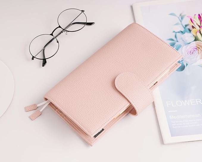 Genuine Leather Cover for Hobonichi Weeks/Weeks Mega with Pen Loop, Card Slots, Back Pocket, and Bookmarks (Pink)
