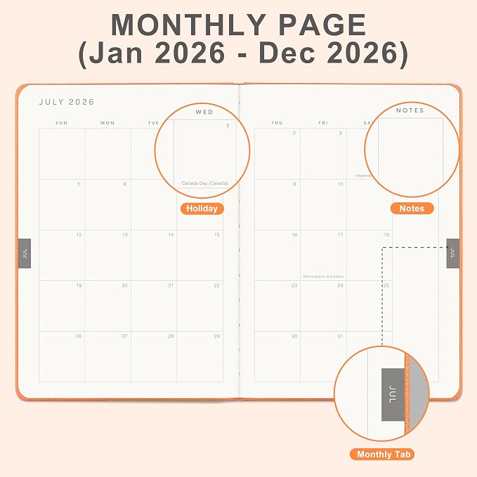 And Per Se 2026 Planner-Daily, Weekly & Monthly Leather Hardcover Planner, 5.7" x 8", Daily Schedule, 100 GSM Thick Paper, Back Pocket(Pumpkin Orange)