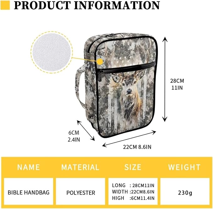Coldinair Elk Camo American Flag Bible Cover for Kids Boy,Protective Book Cover Bible Case Carrier Carrying Organizer Purse Handbag with Zipper Pockets Church Bag
