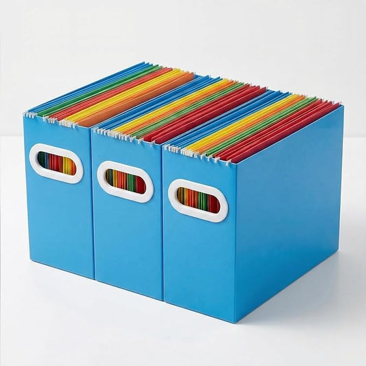 Hanging File Organizer Box, 3 Pack Blue Cardboard File Folder Holder for Letter Size, Portable Desk Document Storage with Handles, for Office,Home,School
