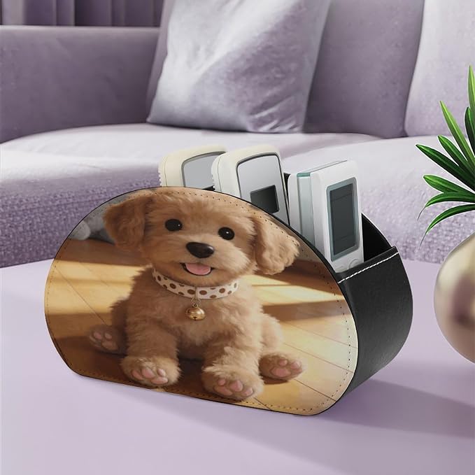 Leather Remote Control Holder with 5 Compartments Caramel TV Remote Holder Remote Caddy Storage Box Desktop Organizer for Media Player Heater Controller Office Supplies