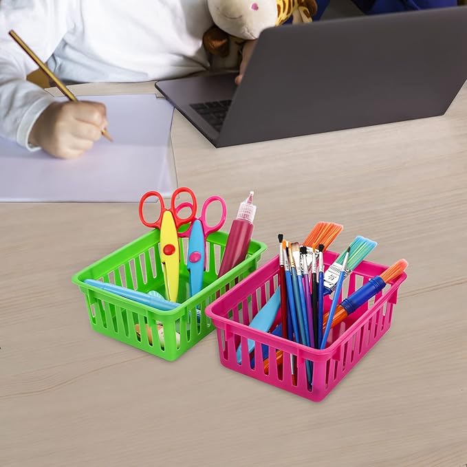 DEAYOU 24 Pack Classroom Storage Baskets, Small Plastic Baskets for Organizing, Colorful Storage Trays, Crayon Pencil Containers Organizer Bins for Desk, Drawer, Home, Office, 6.1"L x 4.7"W x 2.4"H