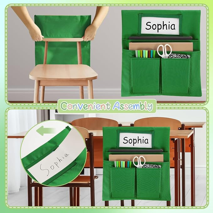 gisgfim 12 Pcs Small Chair Pockets for Classroom 13 x 14 Inch Bag with Name Tag Multi Pockets Chairsback Pouch Organizer for Student Kindergarten Elementary Daycare (Greenery)