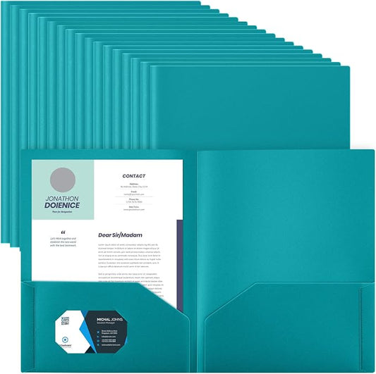 Gueevin 100 Pack Plastic Folder with Pockets, 2 Pocket Folders, Plastic Glossy Folders Fit Letter Size Paper, Heavy Duty Durable File Folder with Business Card for Home Office School (Turquoise Green)