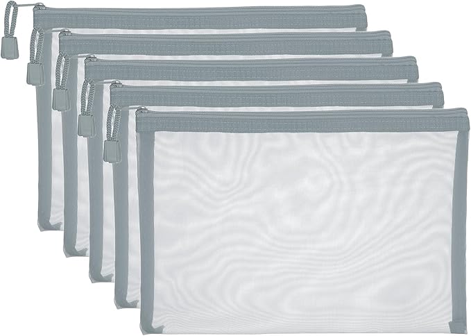 PATIKIL A5 Mesh Zipper Pouch Bags, 5 PCS Mesh Bags with Zipper Plastic Storage Pocket for Organizing File Beads Office Home Supplies, 18x25cm, Gray