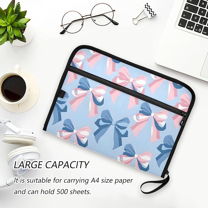 Expanding File Folder Pink Bow Blue Pattern Accordion File Organizer 13 Pockets Document Organizer with Zipper Labels A4 Letter Office Storage