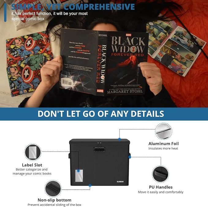 5200 Fireproof Book Storage for 150-175 Comics, Water-Resistant & Moistureproof Stackable Box With Label Window and Lock, Sturdy Short Case With Fire Zipper, Black