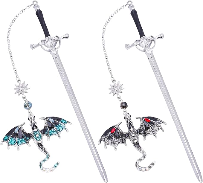 Cool Dragon Sword Bookmarks - 2 PCs Fantasy Metal Book Marks Blue Black Unique Page Maker Gifts for Reading Men Boys Kids Novel Fans Lovers Student Teacher Christmas School Office Supplies