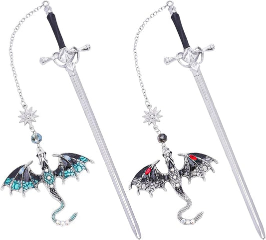 Cool Dragon Sword Bookmarks - 2 PCs Fantasy Metal Book Marks Blue Black Unique Page Maker Gifts for Reading Men Boys Kids Novel Fans Lovers Student Teacher Christmas School Office Supplies