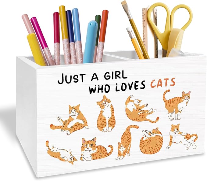 Cute Orange Cat Pen Holder for Desk, Cat Lover Mom Lady Owner Gifts Pencil Organizer, Just a Girl Who Loves Cats Wooden Box Sign Desk Decor for Girls Room Home Office Decoration