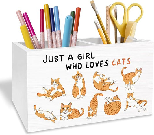 Cute Orange Cat Pen Holder for Desk, Cat Lover Mom Lady Owner Gifts Pencil Organizer, Just a Girl Who Loves Cats Wooden Box Sign Desk Decor for Girls Room Home Office Decoration