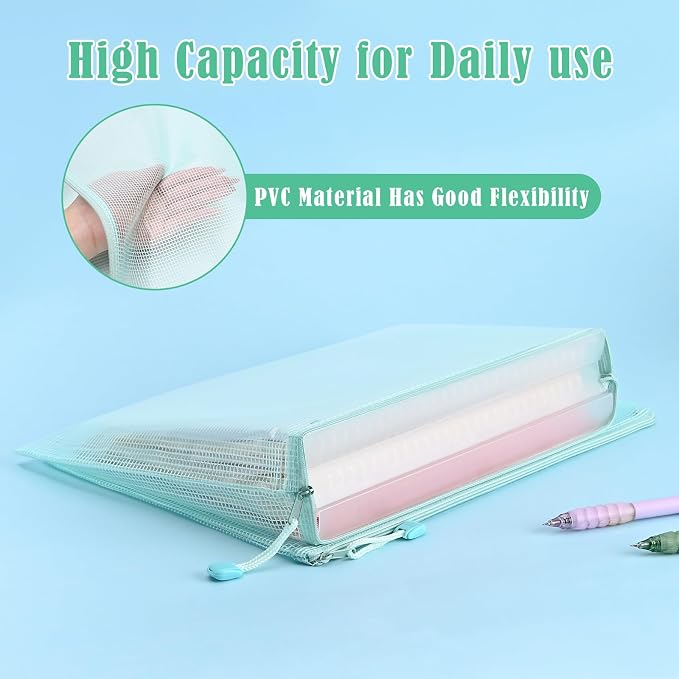 BAYTORY 18Pcs Mesh Zipper Pouch Bags, Clear Waterproof Document Bag, Assorted Color File Pockets, Large Capacity Plastic File Jackets, Multipurpose for Travel School Office and Home (Green)
