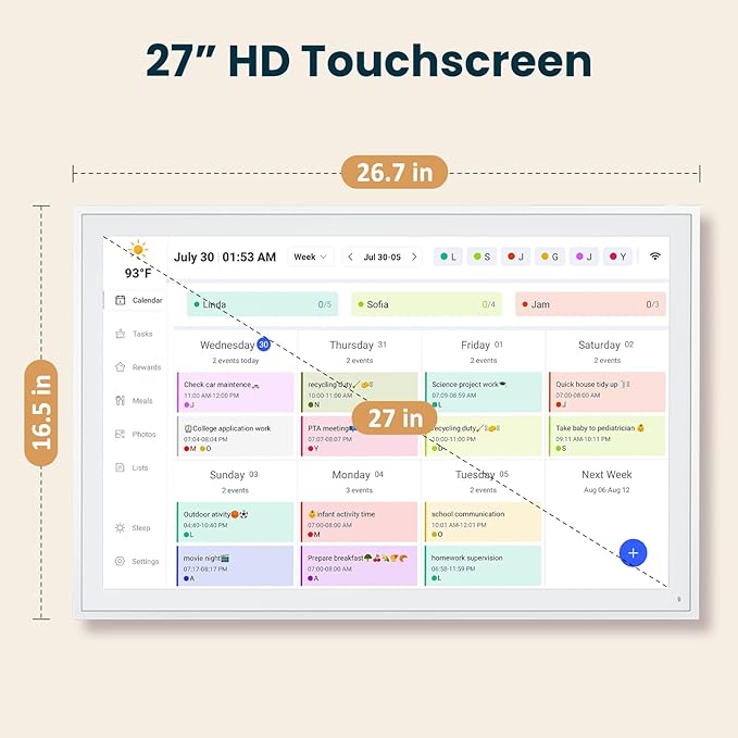 Digital Calendar, Smart WiFi Electronic Calendar&Chore Chart, IPS Touch Screen HD Display for Family Schedules, Share Moments Instantly from Anywhere (White, 27)