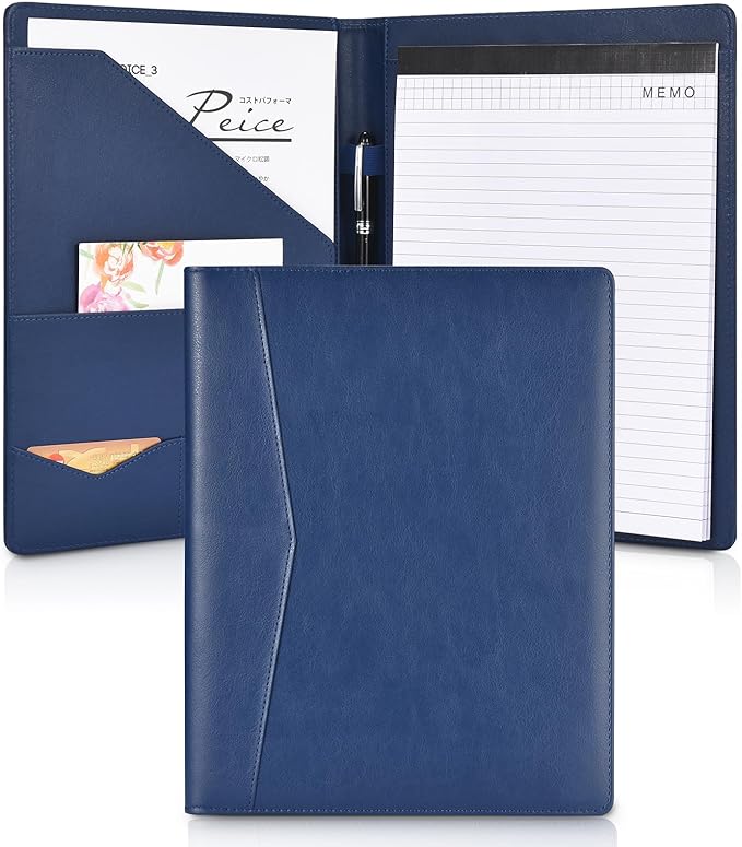 Pacific Mailer Padfolio Portfolio Leather Binder, Interview Legal Document Organizer, Business Card Holder Included Letter Sized Writing Pad [Blue, Piano Noir Faux Leather Matte Finish]