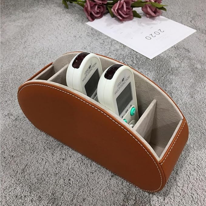 Remote Control Holder Organizer - Table Desk Leather Storage with 5 Spacious Compartments (Brown)