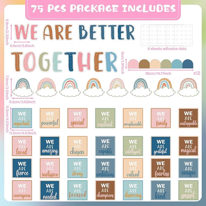 QOUBAI Boho Affirmation Station Bulletin Board Set Motivational Together We are Better Bulletin Board Inspirational Positive Sayings Cutouts Classroom Decor for Back to School Decor Wall Door