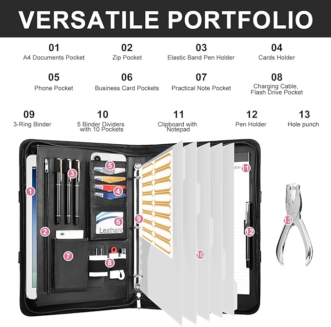 Leathario Portfolio Binder, Includes 5 Folder Index Dividers,1 Hole Punch,13 Inch Tablets Organizer with Handle, Vegan Leather A4 Padfolio, Multi-Pocket Notepad Business Planner Professional Document
