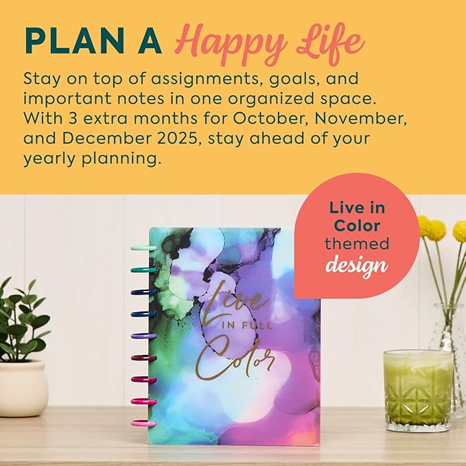 Happy Planner Disc-Bound Planner Jan.–Dec. 2026, Includes 3 Extra Months and 2 Sticker Sheets, Classic Size, 7" x 9.25", Horizontal Layout, Live in Color