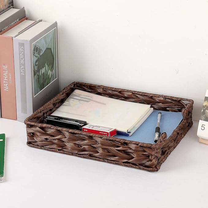 BTSKY Plastic A4 Paper Tray Organizer for Desktop Accessories, Hand-Woven File Holder with Sturdy Frame, All-in-One Storage for Letters, Magazines and Notebooks, Office and Home Supplies, Brown