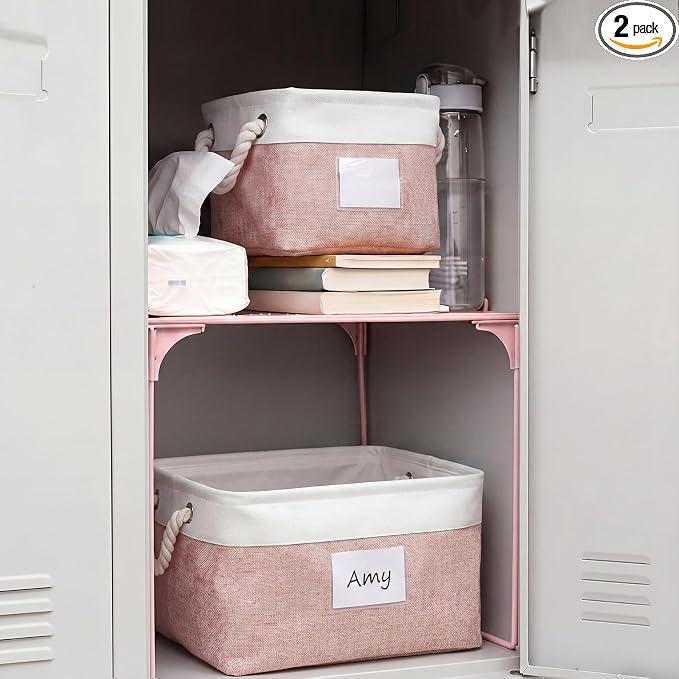 Gerrii 2 Pcs Locker Accessories Kit Pink Locker Organizers Storage Bin with PVC Label Fabric Basket Back to School Essentials Sturdy Cube Storage Bin for Back to School Cabinet Organizer Decor